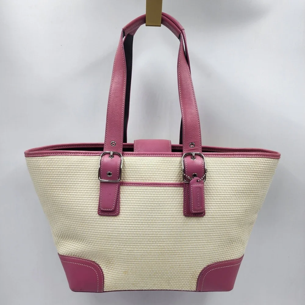 Y2K Coach Woven Straw Tote Bag Pink Leather Trim Buckle Preppy Shoulder Purse